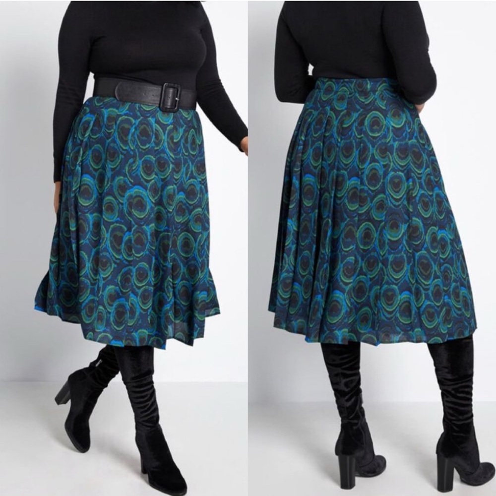 ModCloth Pleated Peacock Print Midi Skirt 12